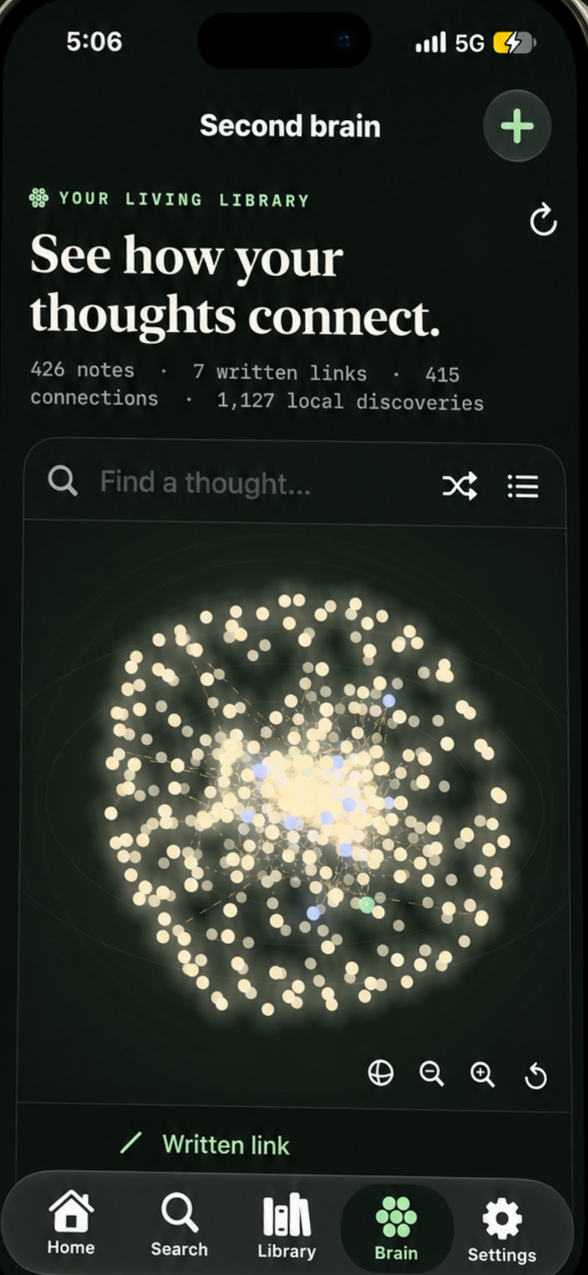 Cohestry iOS Second Brain screen showing a glowing 3D map of connected notes
